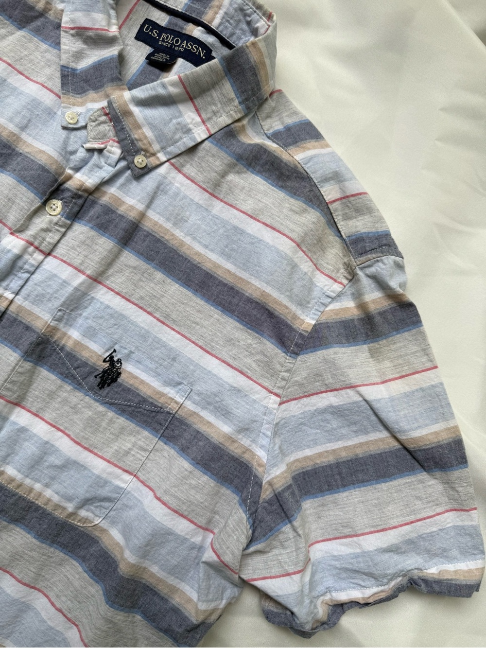 U.S. Polo Assn. Men’s Blue Gray Striped Button-Down Shirt 100% Cotton